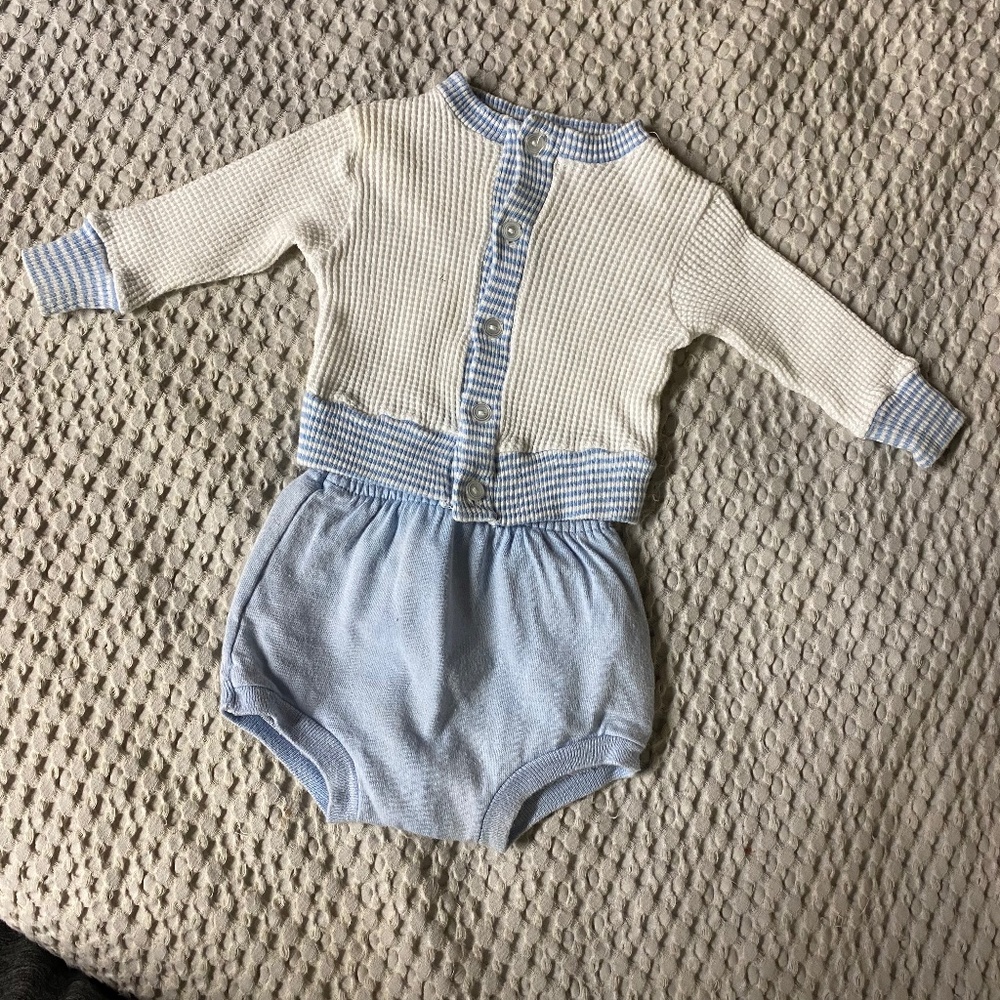 Vintage Baby Outfit- White Waffle Button Down Sweater with Blue Lined Bottoms